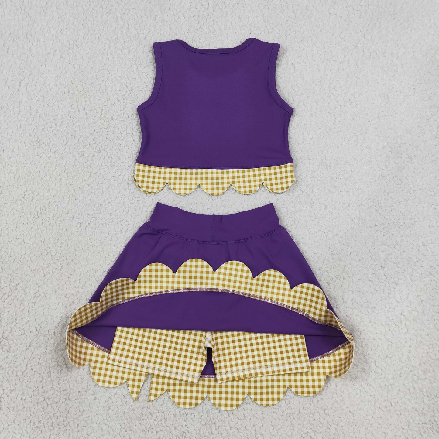 NEW RTS NO MOQ Yoga GSD4267 Baby Girls Purple Gold Vest Bows Skirt Short Yoga Active Scallop Clothes Set