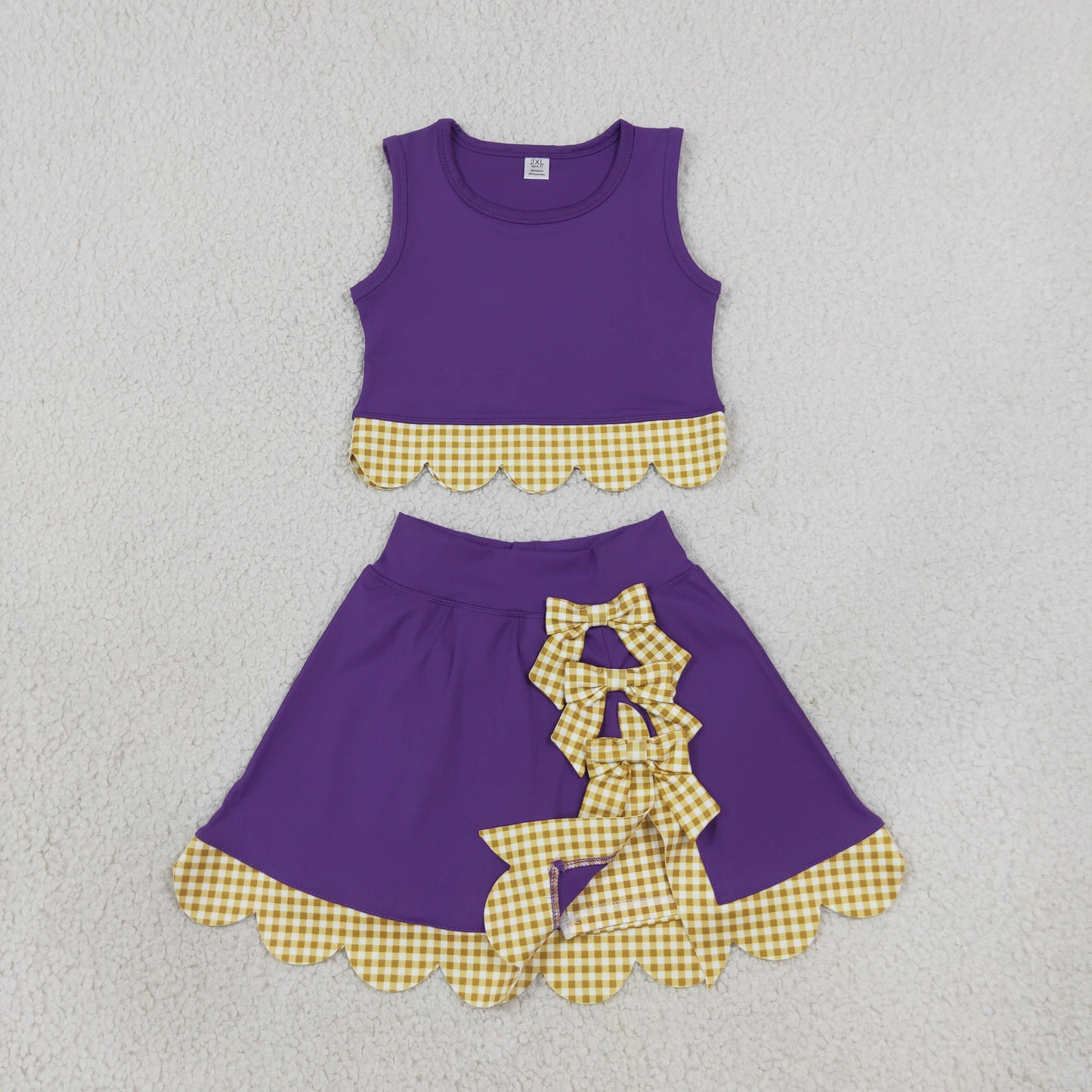NEW RTS NO MOQ Yoga GSD4267 Baby Girls Purple Gold Vest Bows Skirt Short Yoga Active Scallop Clothes Set