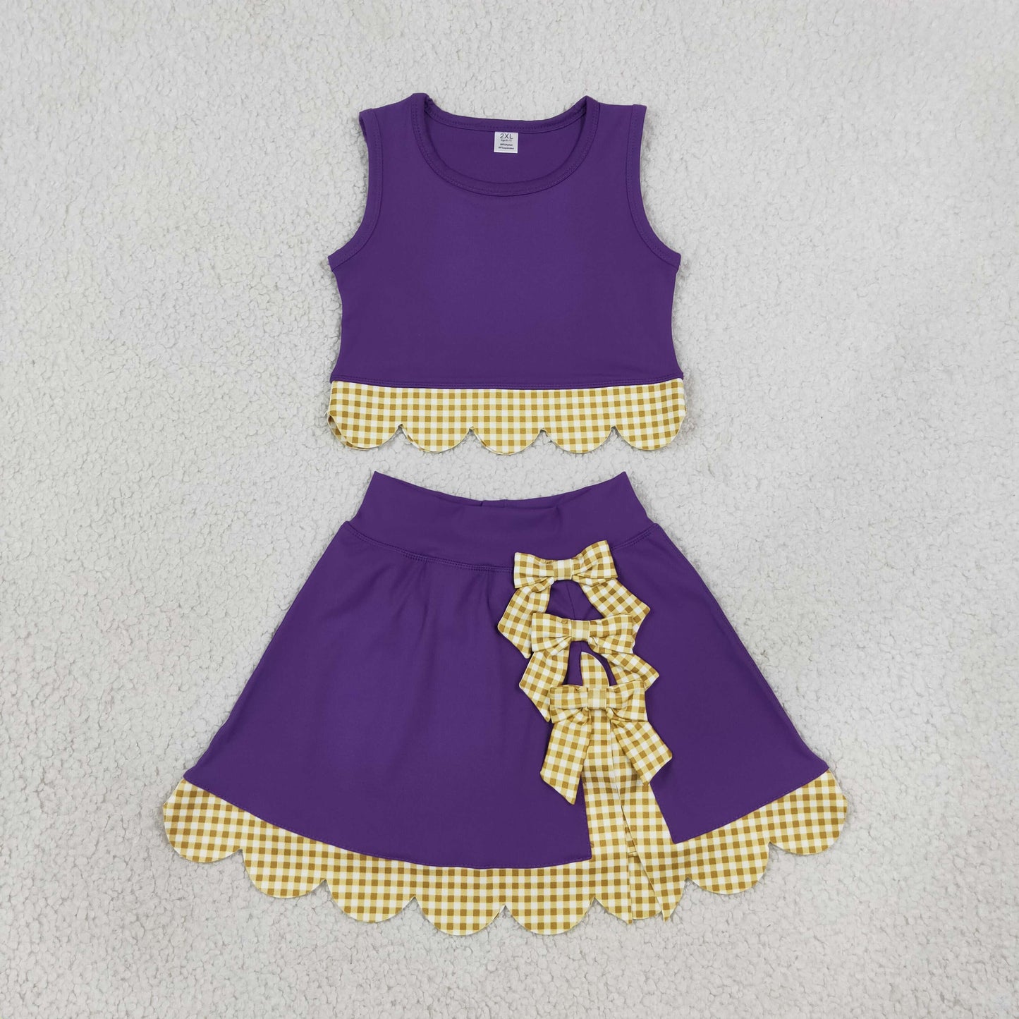 NEW RTS NO MOQ Yoga GSD4267 Baby Girls Purple Gold Vest Bows Skirt Short Yoga Active Scallop Clothes Set