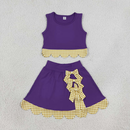 RTS NO MOQ Sibling yoga Baby Girls Solid Vest Bows Skirt Short Yoga Active Scallop Clothes Set