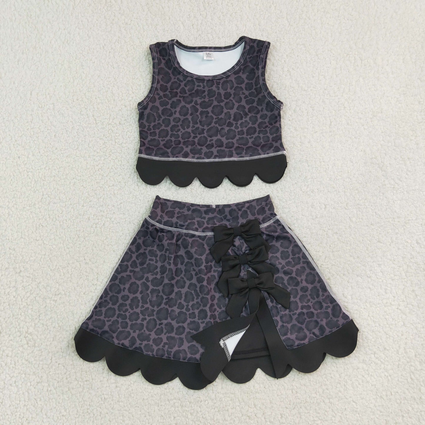 NEW RTS NO MOQ Yoga GSD4268 Baby Girls Black Leopard Vest Bows Skirt Short Yoga Active Scallop Clothes Set