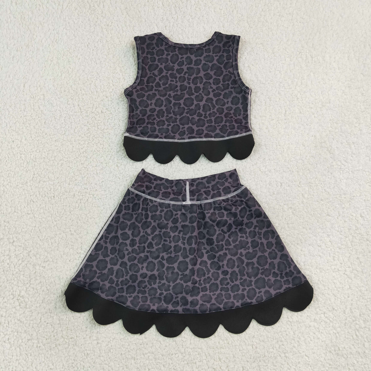 NEW RTS NO MOQ Yoga GSD4268 Baby Girls Black Leopard Vest Bows Skirt Short Yoga Active Scallop Clothes Set