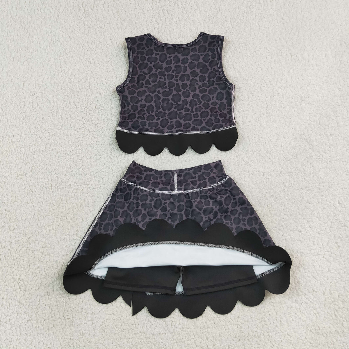 NEW RTS NO MOQ Yoga GSD4268 Baby Girls Black Leopard Vest Bows Skirt Short Yoga Active Scallop Clothes Set