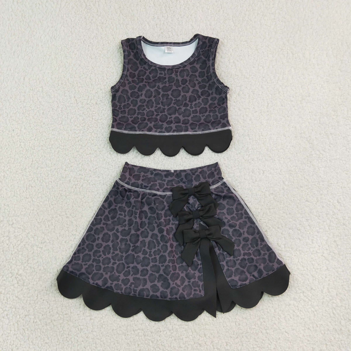 NEW RTS NO MOQ Yoga GSD4268 Baby Girls Black Leopard Vest Bows Skirt Short Yoga Active Scallop Clothes Set