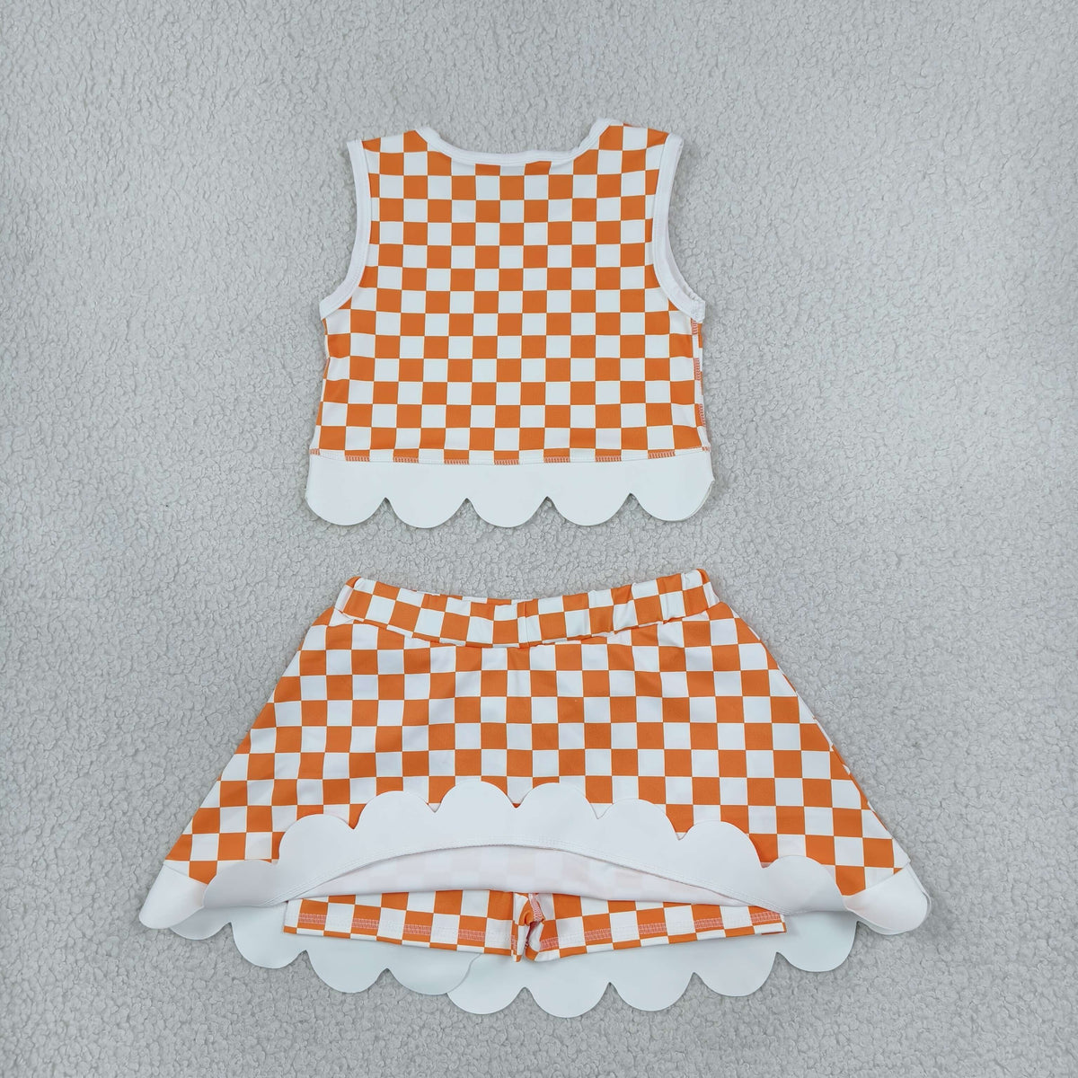 NEW RTS NO MOQ Yoga GSD4282 Baby Girls Orange Checked Bows Skort Team Yoga Scallop Set