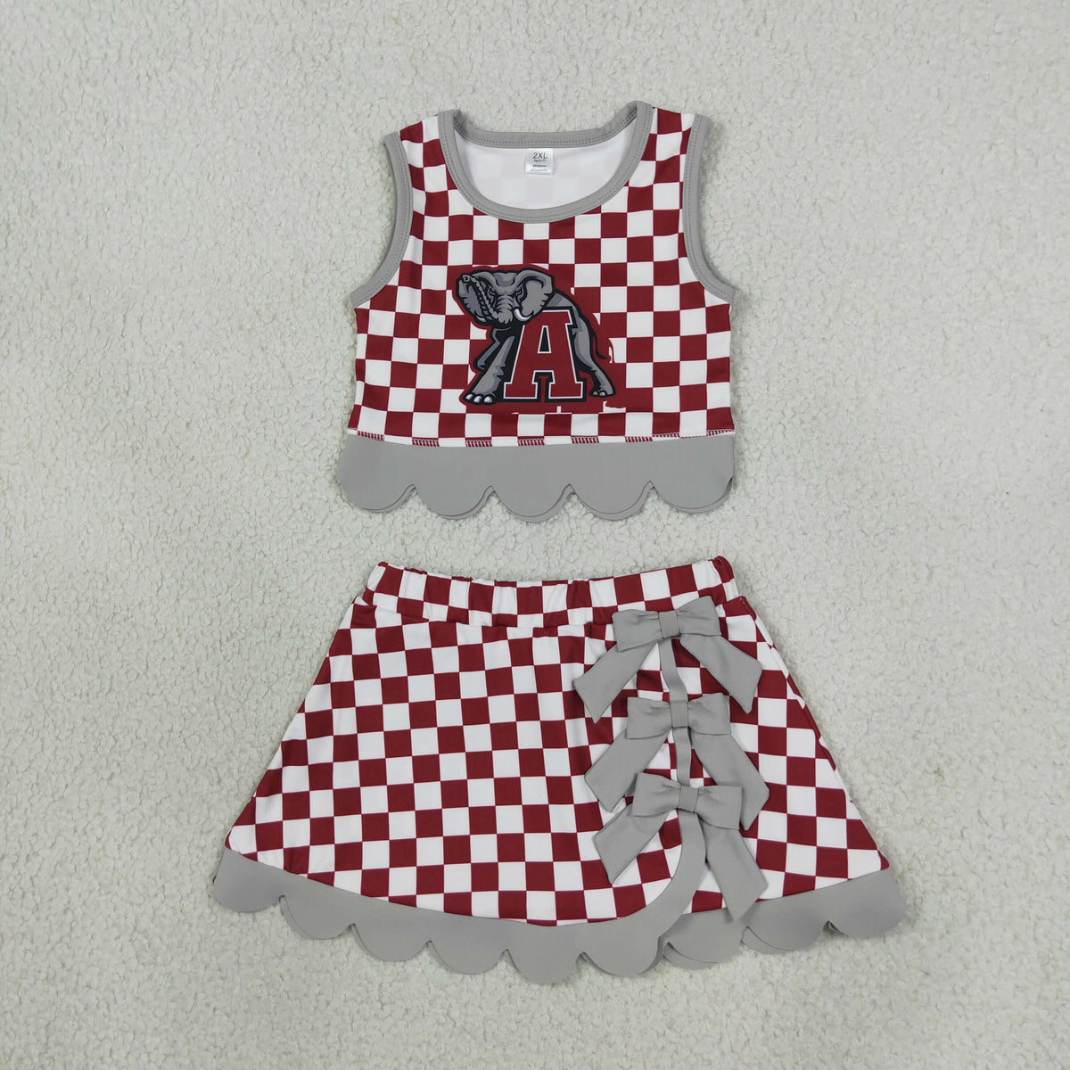 NEW RTS NO MOQ Yoga GSD4284 Baby Girls Red Checked Alabama Bows Skirt Short Yoga Active Team Scallop Clothes Set
