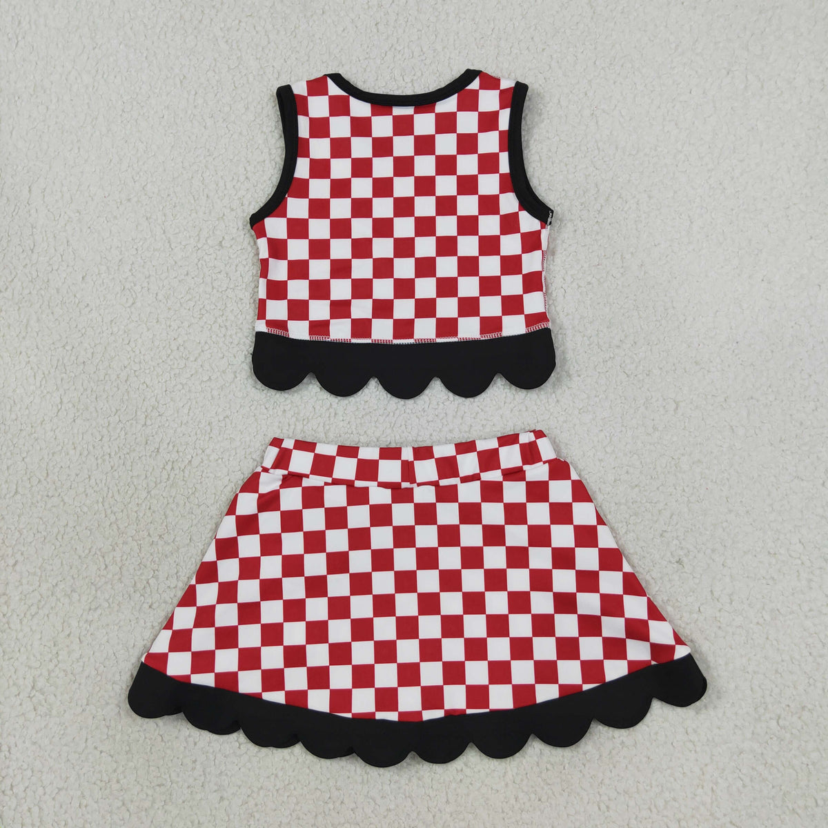 NEW RTS NO MOQ Yoga GSD4287 Baby Girls Red Checked Vest Bows Skirt Short Yoga Active Scallop Clothes Set