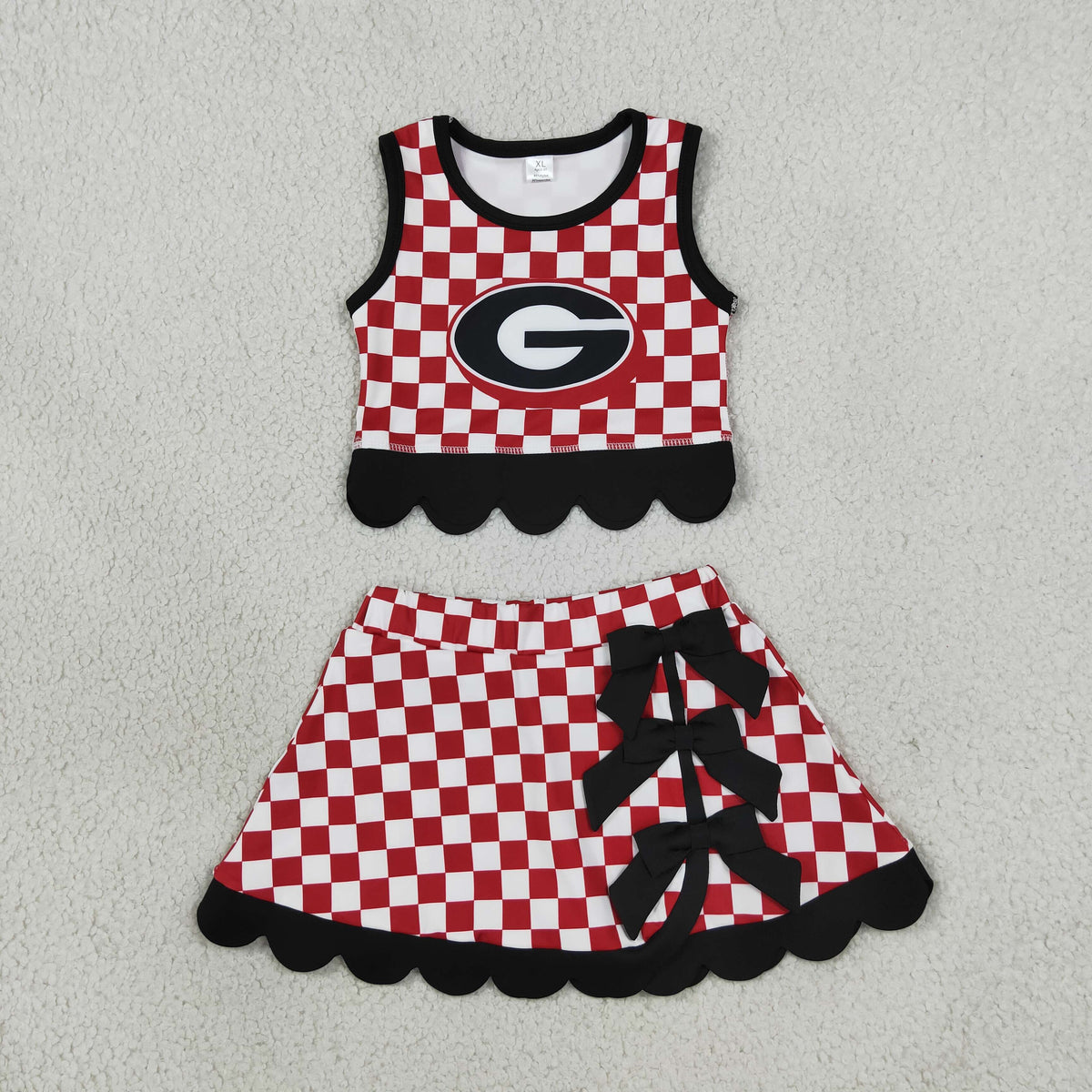 NEW RTS NO MOQ Yoga GSD4287 Baby Girls Red Checked Vest Bows Skirt Short Yoga Active Scallop Clothes Set