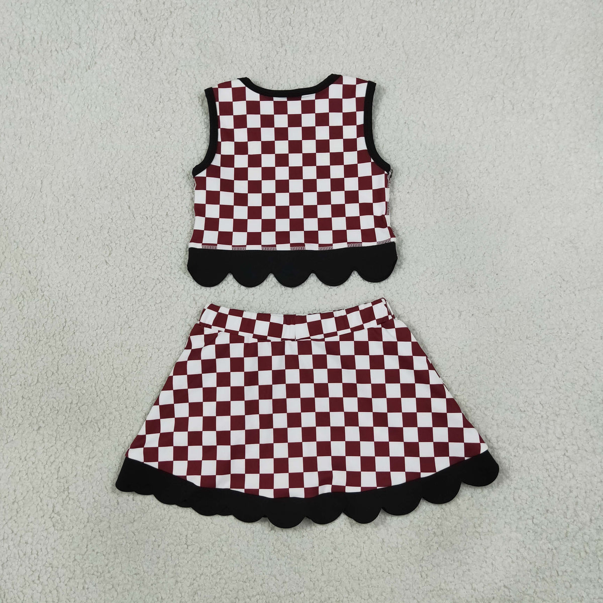 NEW RTS NO MOQ Yoga GSD4288 Baby Girls Maroon Checked Top Bows Skirt Short Scallop Team Clothes Set