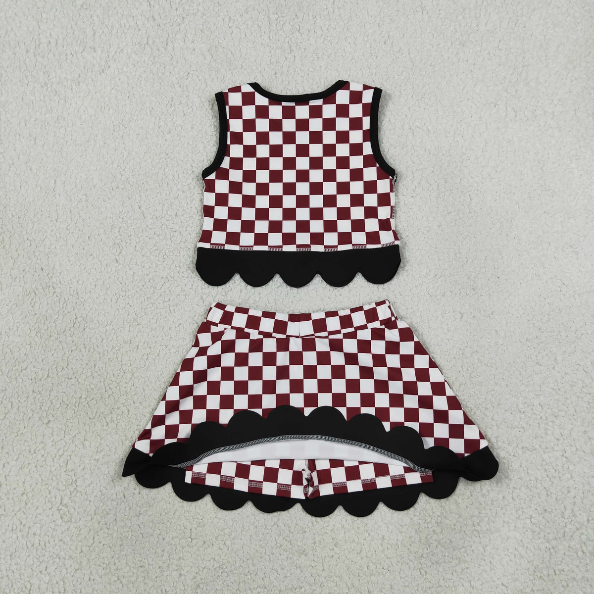 NEW RTS NO MOQ Yoga GSD4288 Baby Girls Maroon Checked Top Bows Skirt Short Scallop Team Clothes Set