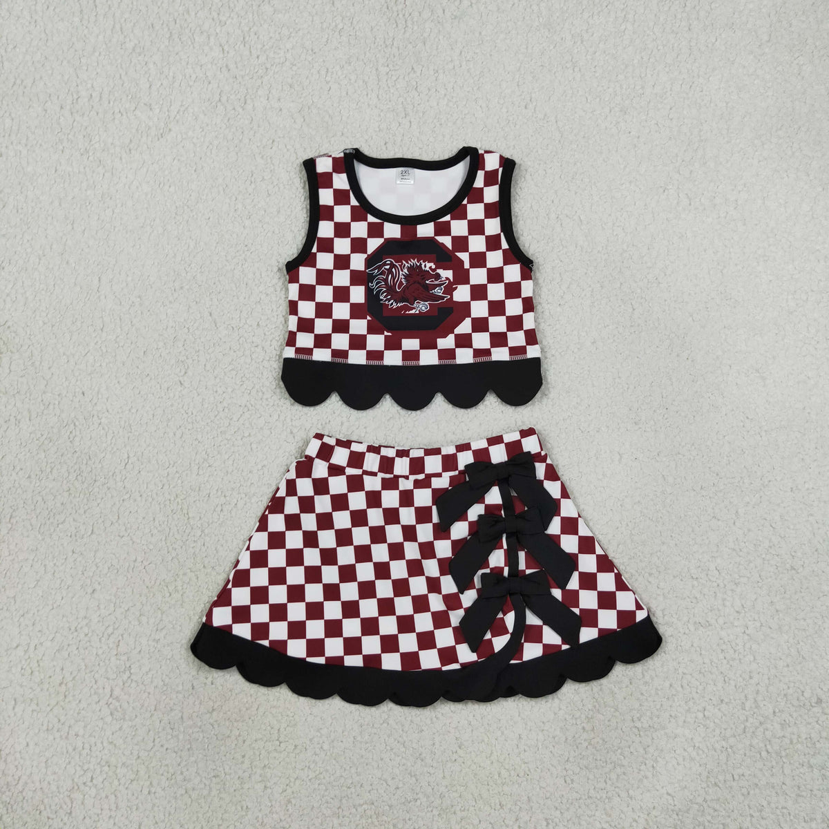NEW RTS NO MOQ Yoga GSD4288 Baby Girls Maroon Checked Top Bows Skirt Short Scallop Team Clothes Set