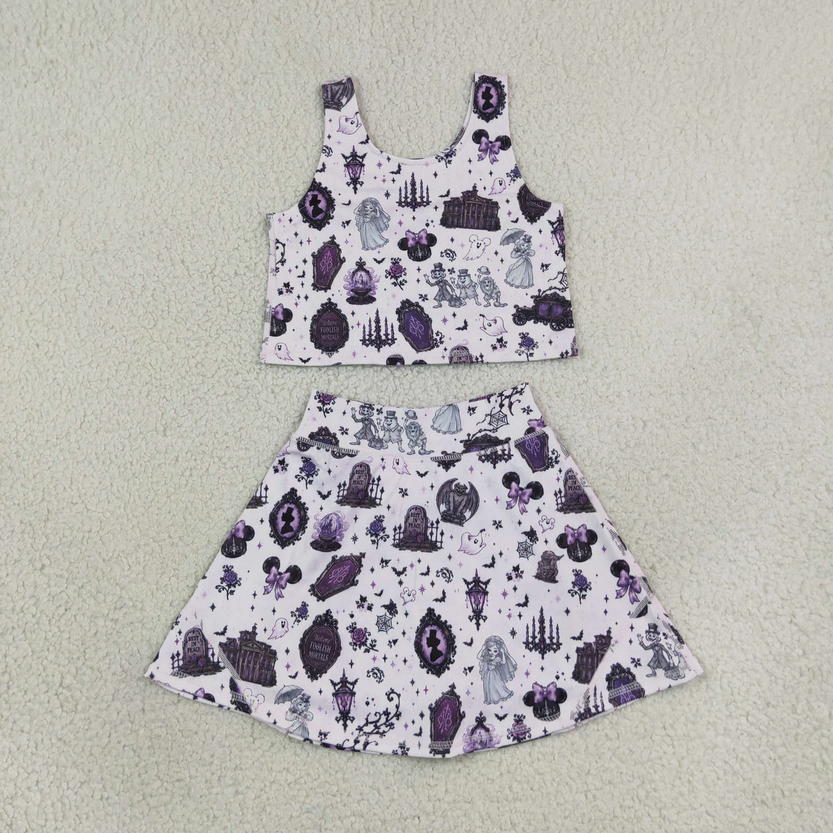 RTS NO MOQ Yoga GSD4289 Baby Girls Cartoon Mouse Ghosts Vest Skirt Short Yoga Active Clothes Set