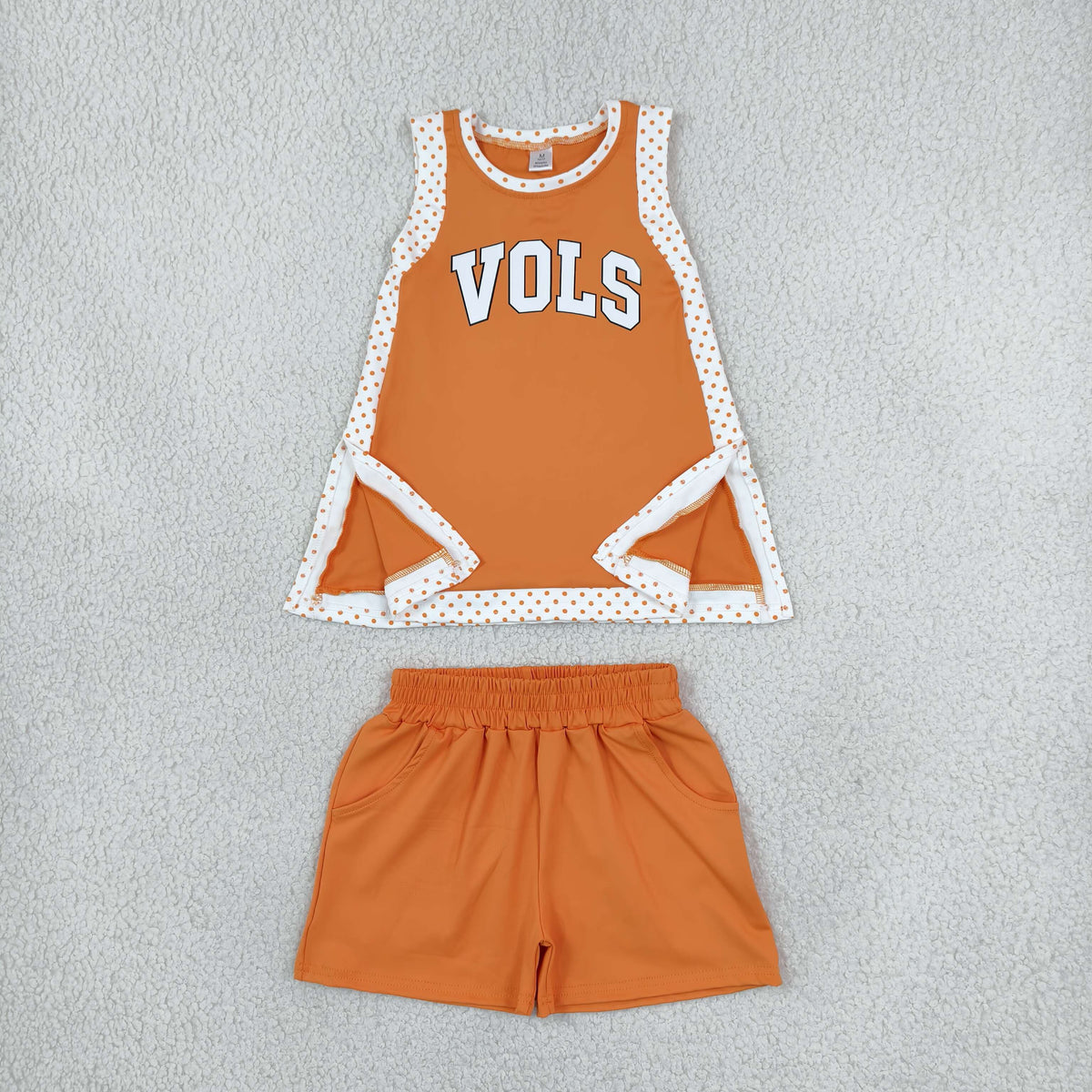 NEW RTS NO MOQ Yoga GSSO3852（GSD4292+SS0980）Baby Girls Orange Polka Dots Vinyl Vols Split Tunic Pockets Short Yoga Active Team Clothes Sets