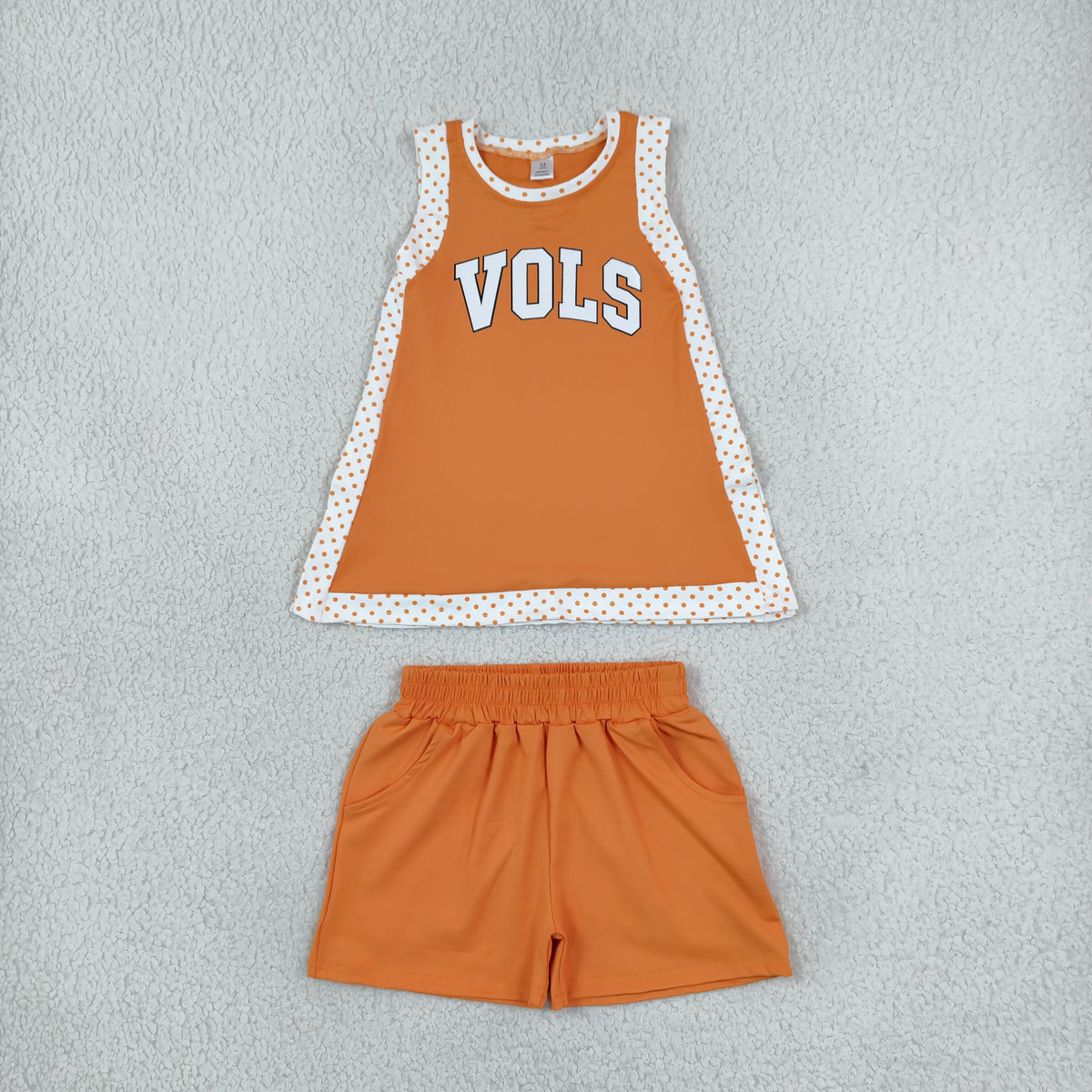 NEW RTS NO MOQ Yoga GSSO3852（GSD4292+SS0980）Baby Girls Orange Polka Dots Vinyl Vols Split Tunic Pockets Short Yoga Active Team Clothes Sets
