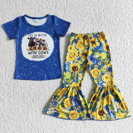 Blue short-sleeved sunflower pants suit