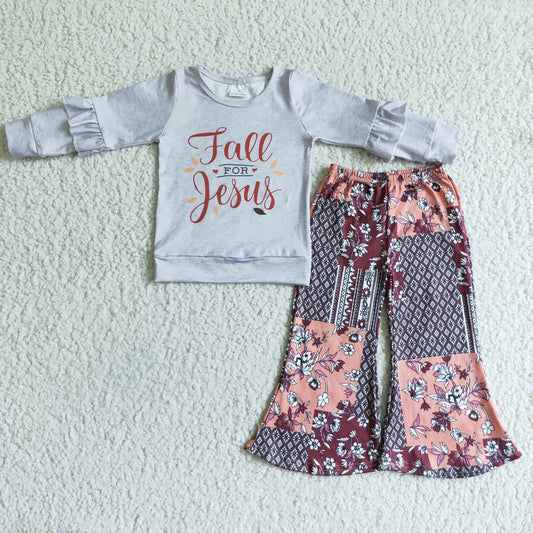 GSPO0126 Girls JESUS grey long-sleeved floral pants suit