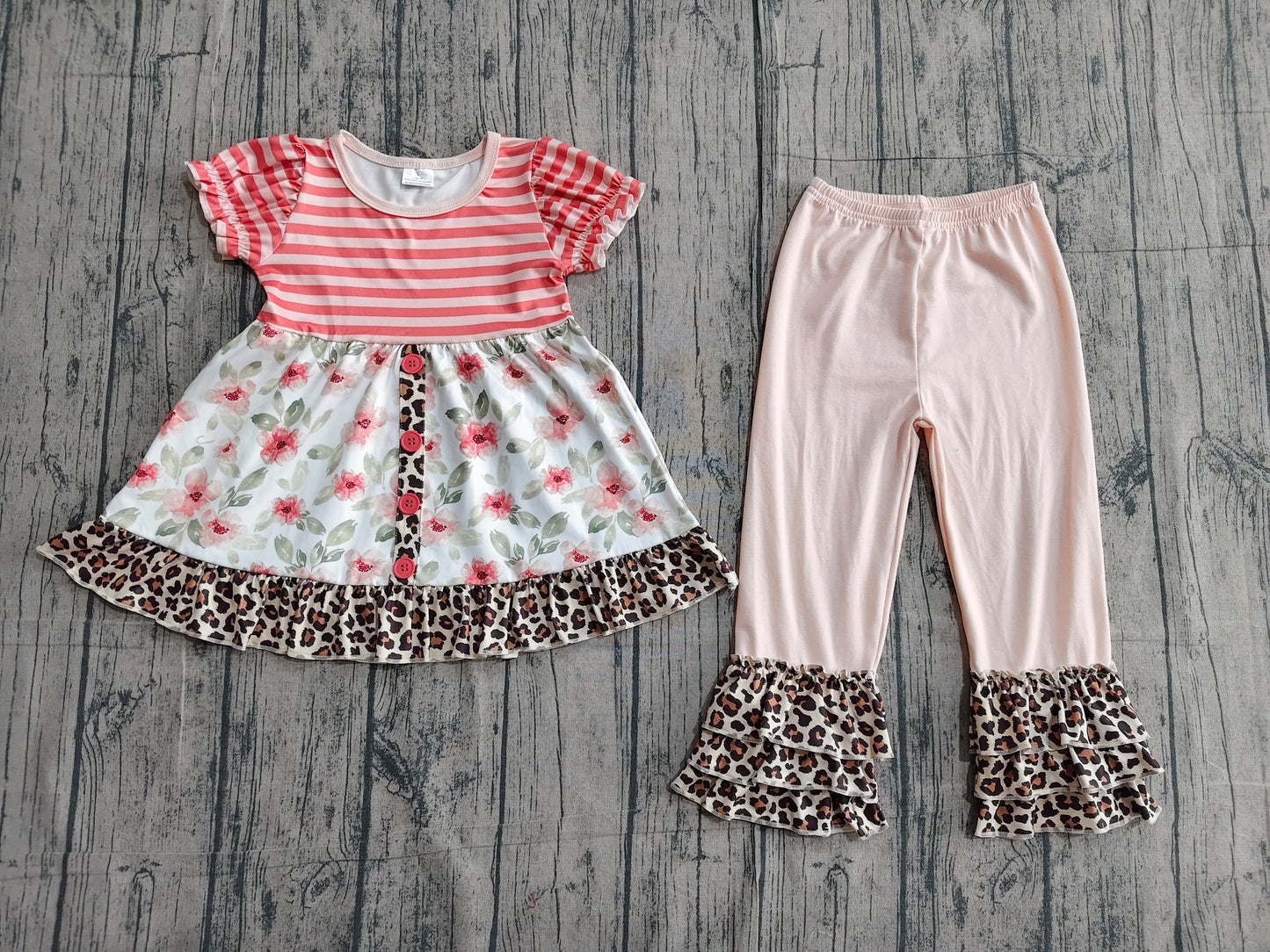 GSPO1044Baby Girls Flowers Short Sleeve Tunic Tops Ruffle Pants Clothes Sets preorder