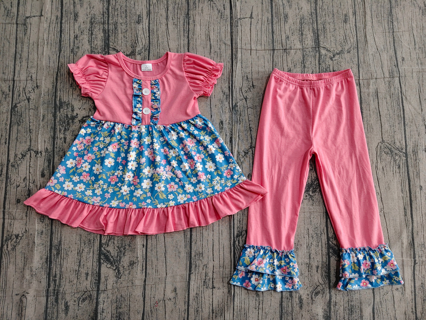 GSPO1814Baby Girls Navy Pink Flowers Tunic Ruffle Pants Clothing Sets Preorder