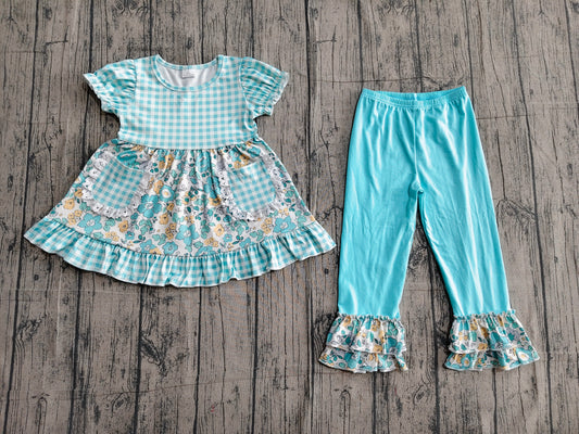 GSPO2282Baby Girls Blue Checked Flowers Pockets Tunic Ruffle Pant Clothes Sets Preorder