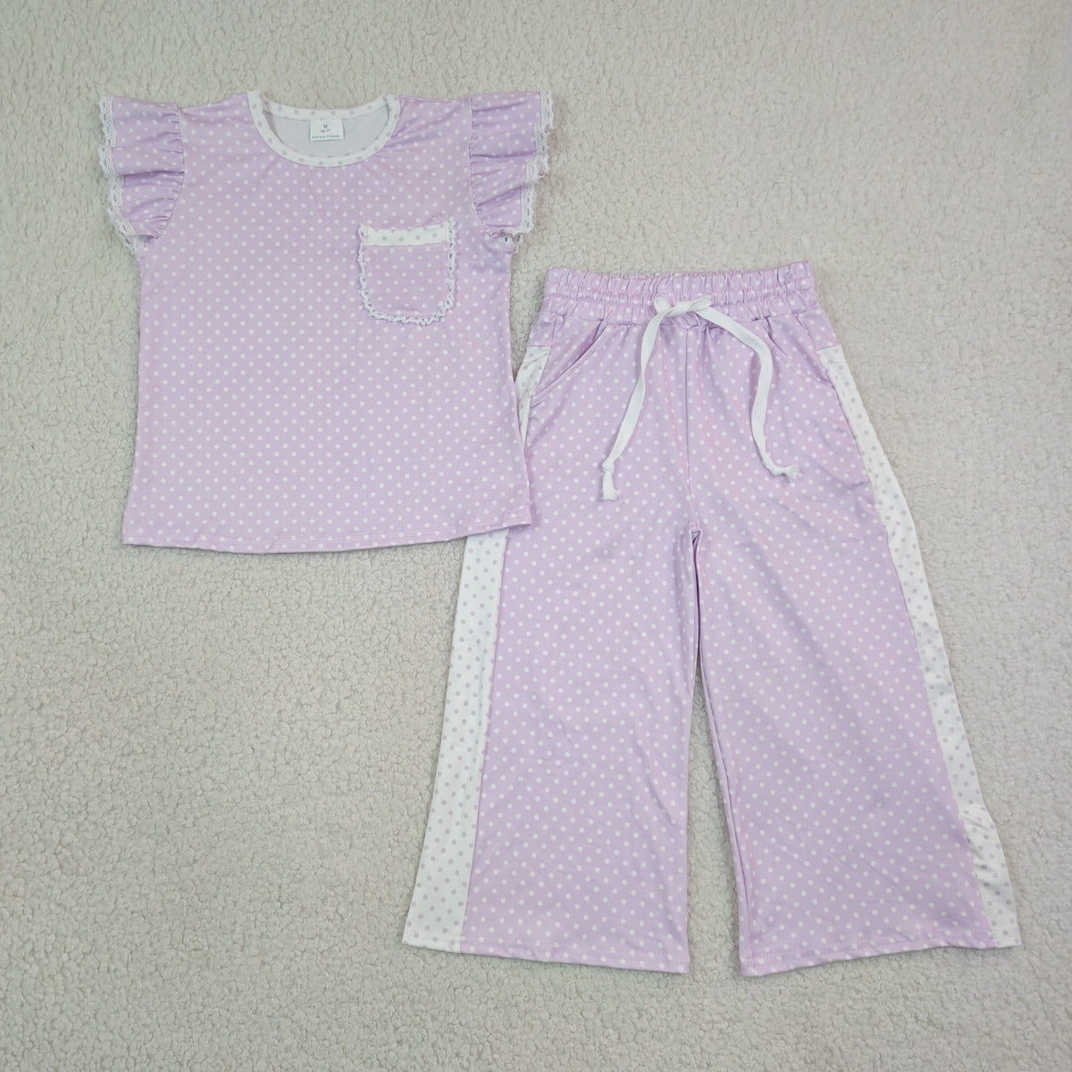 RTS NO MOQ Sibling milk silk Baby Girls Polka Dot Flutter Sleeve Top and Side Stripe Wide Leg Pants Set