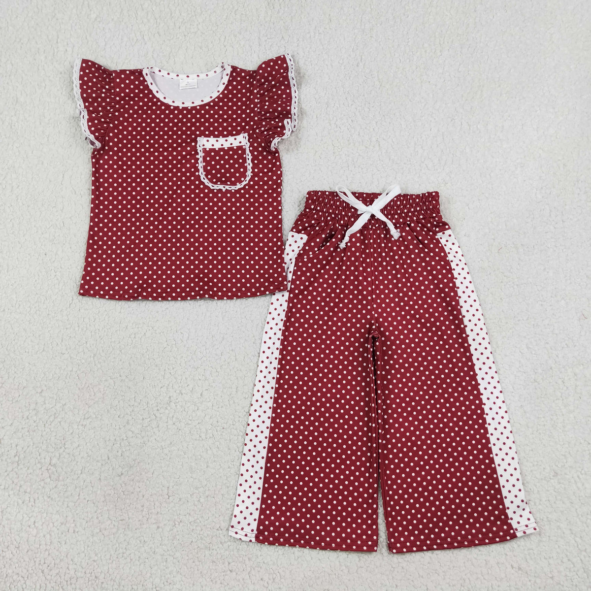 RTS NO MOQ Sibling milk silk Baby Girls Polka Dot Flutter Sleeve Top and Side Stripe Wide Leg Pants Set