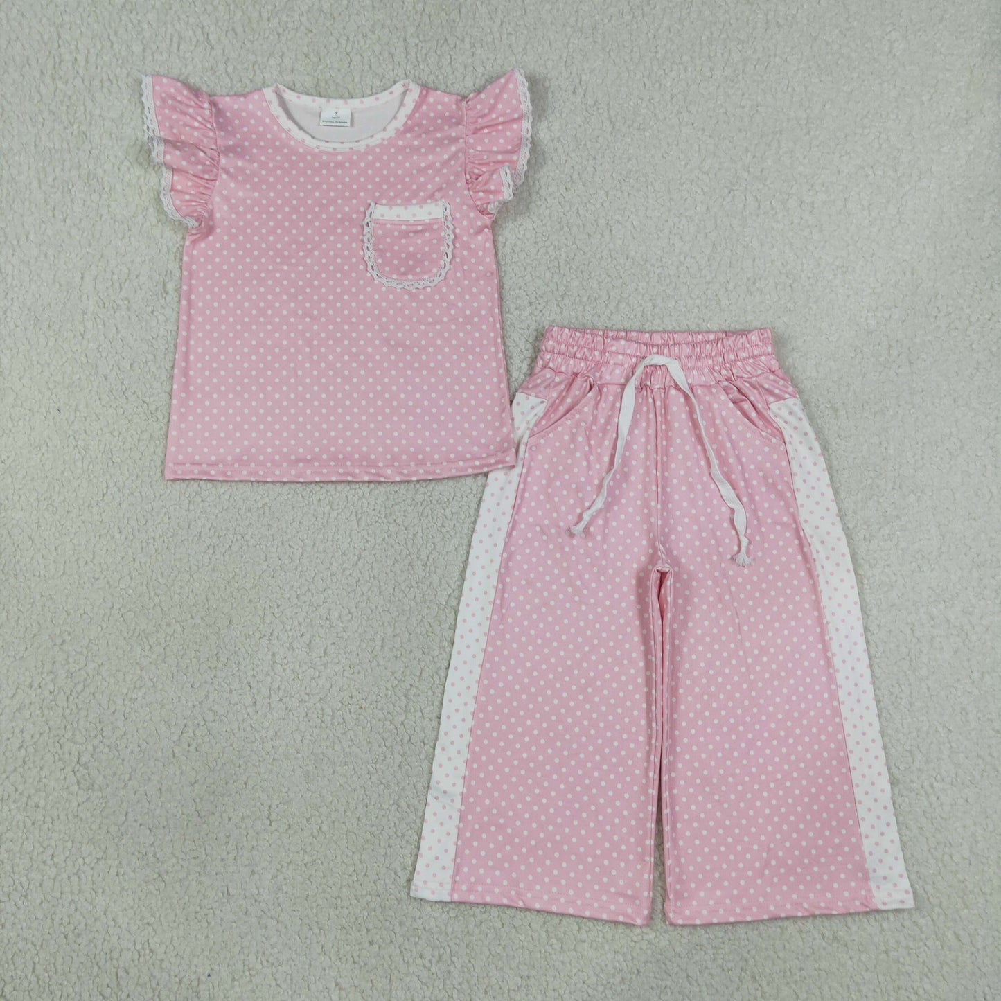 NEW RTS NO MOQ milk silk GSPO2330 Baby Girls Pink Polka Dots Print Pocket Long Sleeve Top Bell Bottom Flare Pants Set