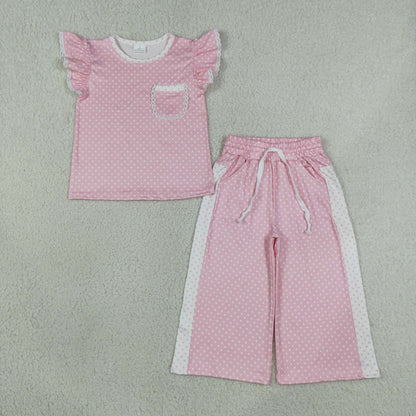 NEW RTS NO MOQ milk silk GSPO2330 Baby Girls Pink Polka Dots Print Pocket Long Sleeve Top Bell Bottom Flare Pants Set