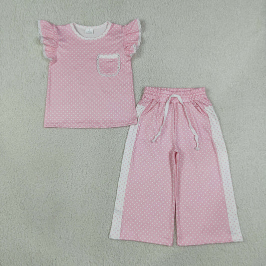 NEW RTS NO MOQ milk silk GSPO2330 Baby Girls Pink Polka Dots Print Pocket Long Sleeve Top Bell Bottom Flare Pants Set