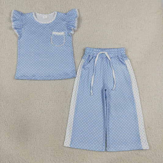 NEW RTS NO MOQ milk silk GSPO2331 Baby Girls Light Blue Polka Dots Print Pocket Long Sleeve Top Bell Bottom Flare Pants Outfit