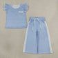 RTS NO MOQ Sibling milk silk Baby Girls Polka Dot Flutter Sleeve Top and Side Stripe Wide Leg Pants Set