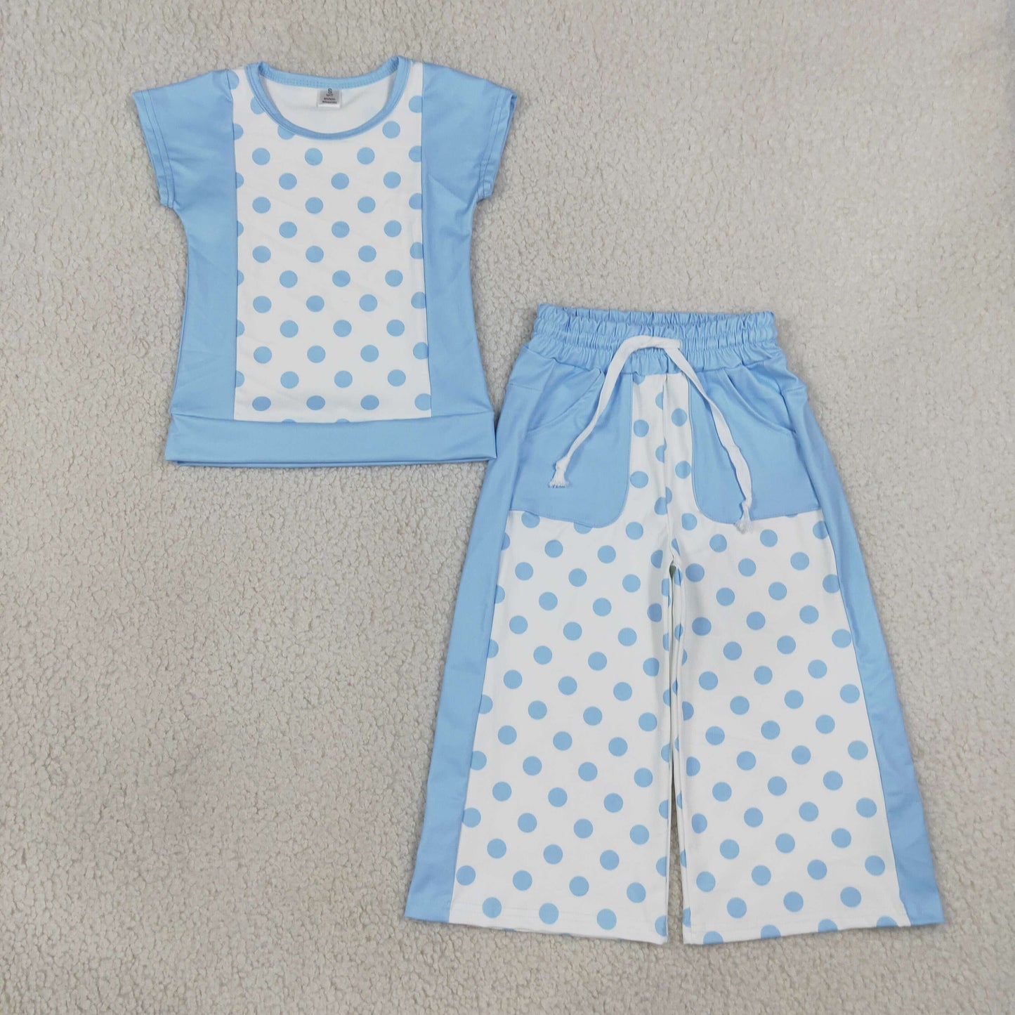 NEW RTS NO MOQ milk silk GSPO2334 Baby Girls Blue Polka Dots Print Top With Pockets Flare Pant Set