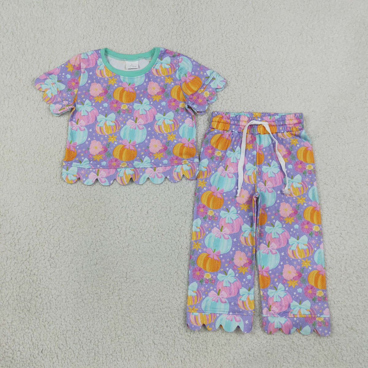 NEW RTS NO MOQ milk silk GSPO2364 Baby Girls Colorful Flowers Pumpkins Top Pants Fall Scallop Clothes Set