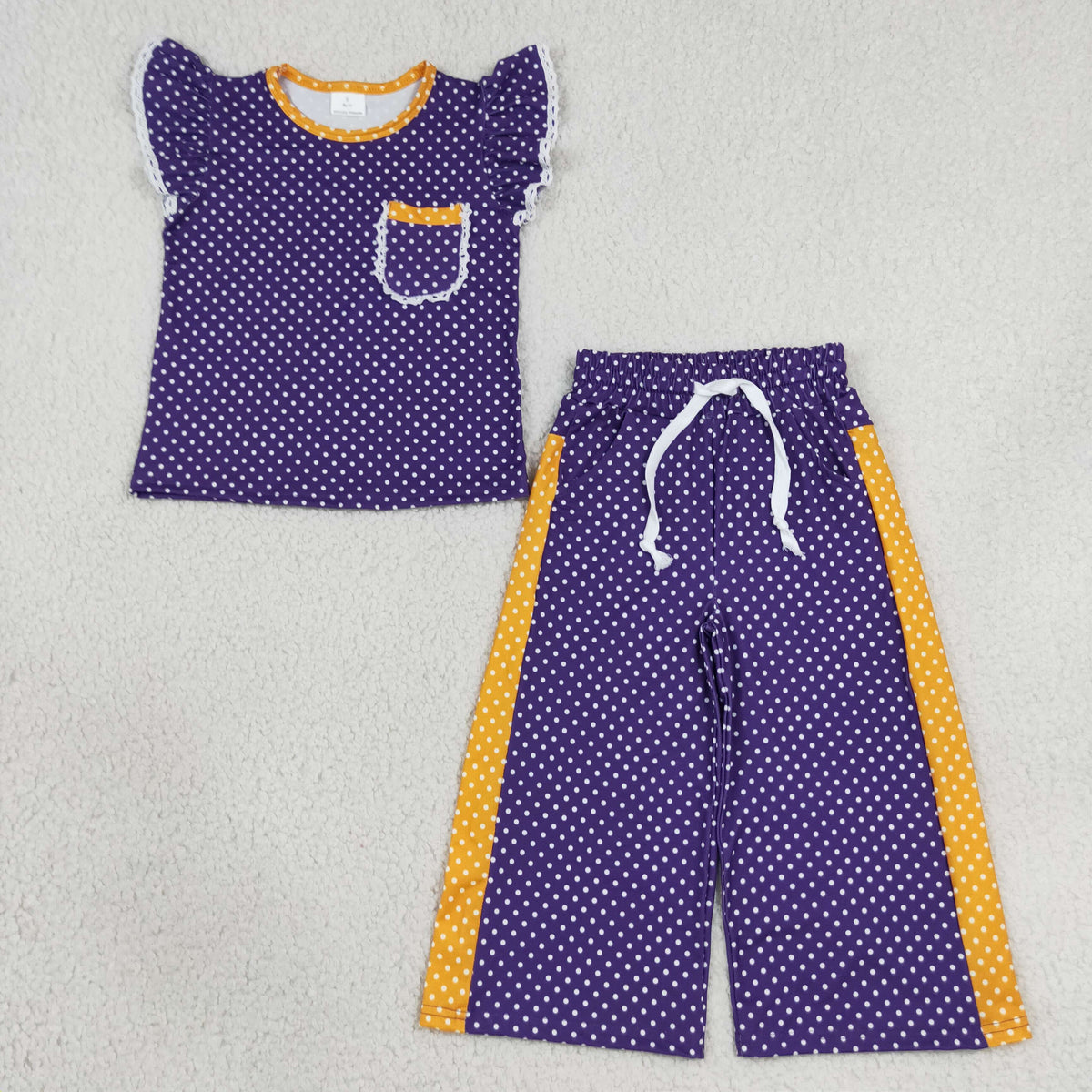 NEW RTS NO MOQ milk silk GSPO2366 Baby Girls Orange Purple Polka Dots Pocket Top Flare Pant Clothes Set