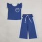 NEW RTS NO MOQ milk silk GSPO2372 Baby Girls White Blue Polka Dots Pocket Top Flare Pant Clothes Set