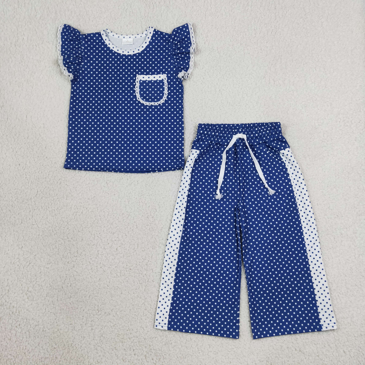 NEW RTS NO MOQ milk silk GSPO2372 Baby Girls White Blue Polka Dots Pocket Top Flare Pant Clothes Set