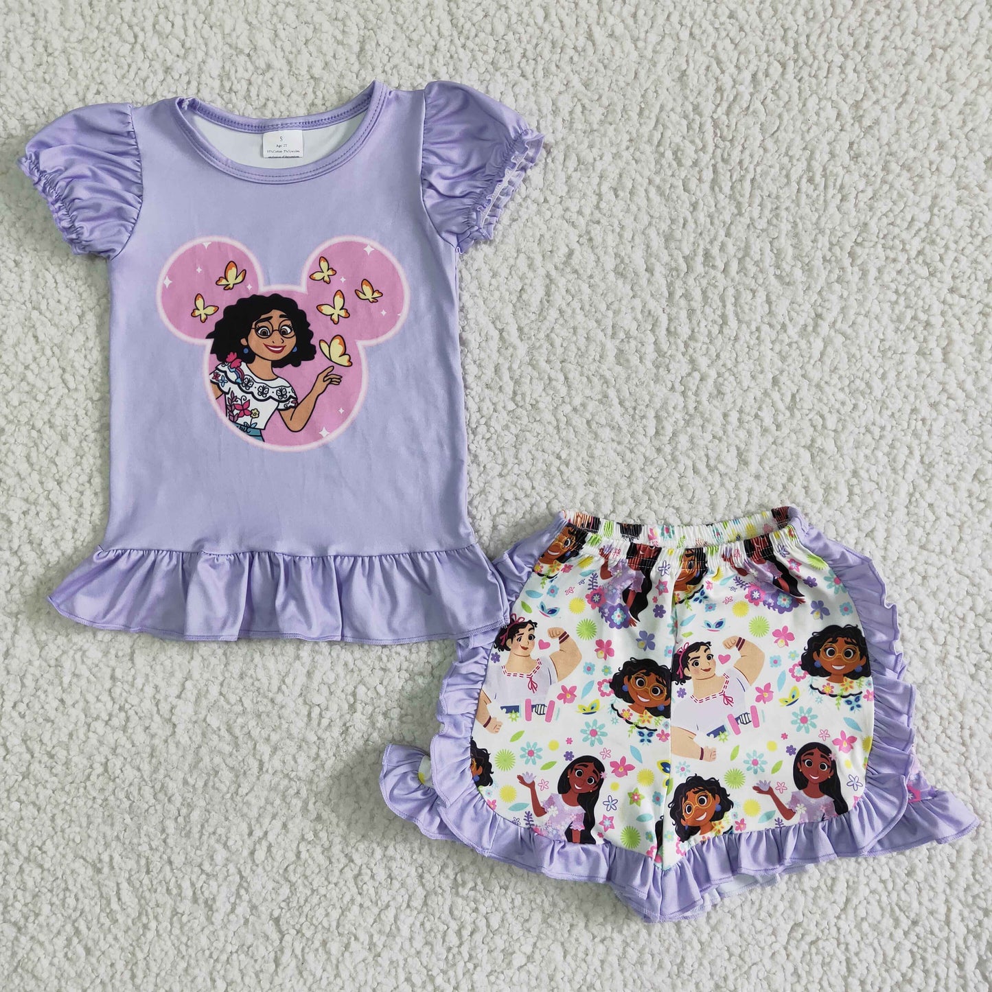 Purple Cartoon Short Sleeve Shorts Set