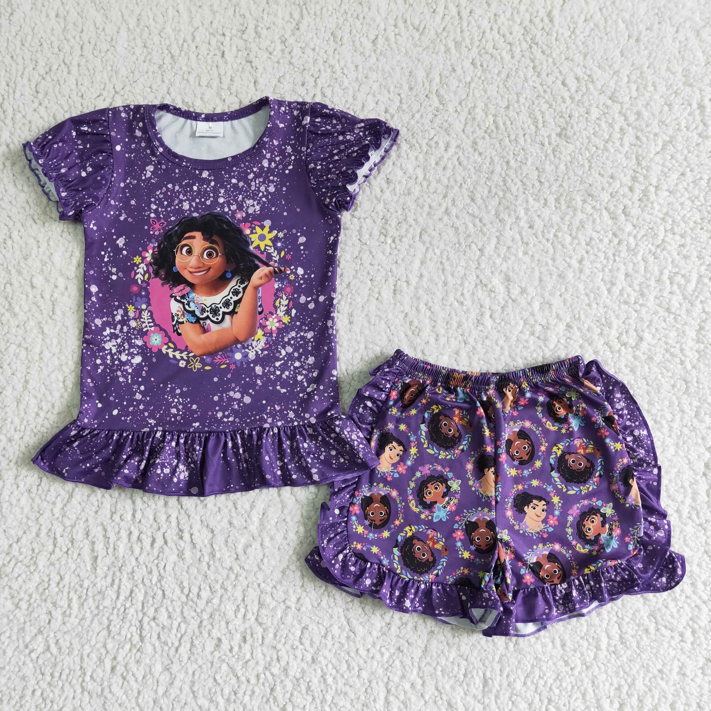 Purple character pattern cartoon short-sleeved shorts suit