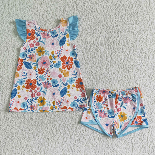 GSSO0098 Girls Blue Bow Flower Flying Sleeve Shorts Suit