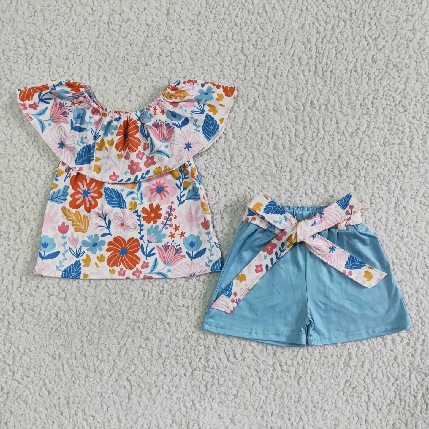 GSSO0099 Girl flower one shoulder bow blue shorts suit