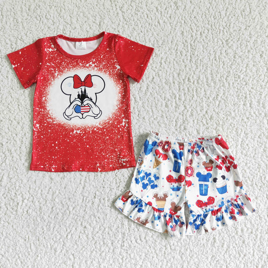 GSSO0110 Girls Red Mickey Castle Short Sleeve Shorts Set