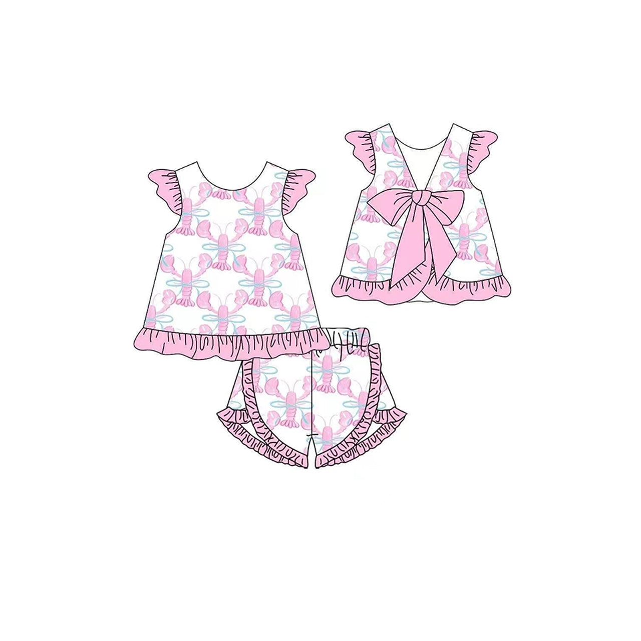 3.22GSSO2461Flutter sleeves pink crawfish bow kids girls summer clothes