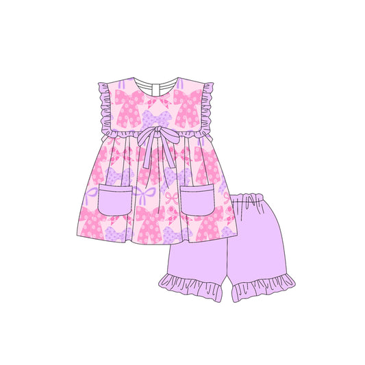 3.22GSSO2462Lavender ruffle pockets floral bow baby girls clothing set
