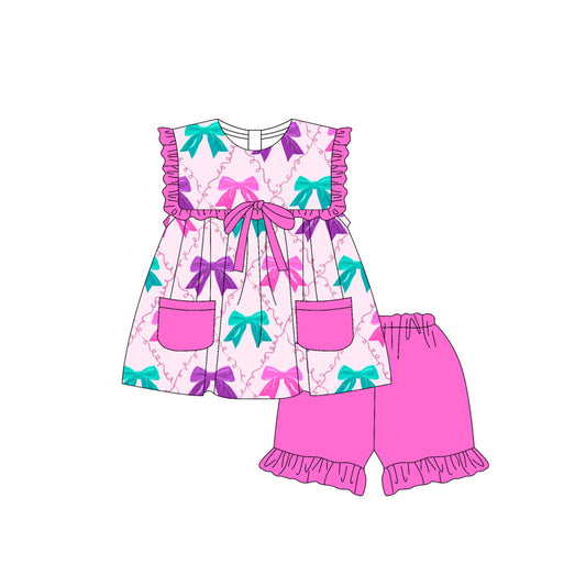3.22GSSO2463Hot pink ruffle pockets bow baby girls clothing set
