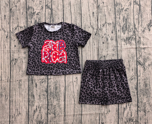GSSO2576Baby Girls Black Leopard American Stars Top Short 4th Of July Pajamas Set Preorder