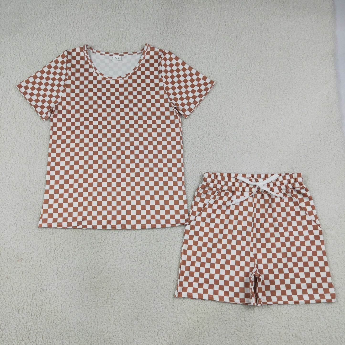 NEW RTS NO MOQ milk silk GSSO2680 Adult Women Khaki Plaid Print Short Sleeve Top Shorts Pajama Outfit