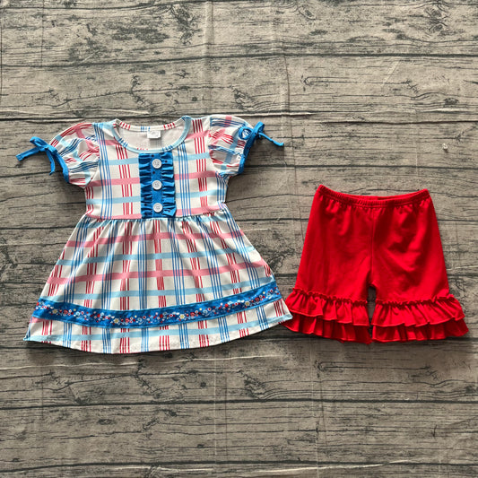 GSSO2815Baby Girls Red Blue Checked Button Tunic Ruffle Shorts July 4th Clothes Sets Preorder