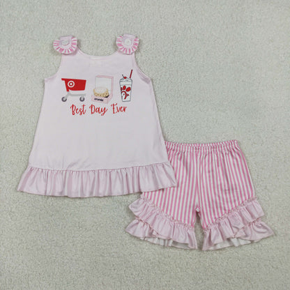3.30 Sibling Baby Girls Pink Stripe Best Day Ever Tunic Ruffle Short Clothes Set Back Bow Rompers