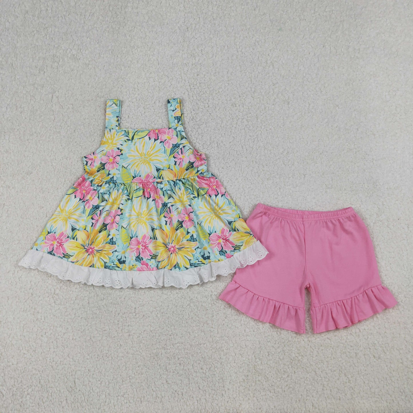 4.3 GSSO3034 Baby Girls Strap Colorful Flowers Tunic Ruffle Shorts Clothes Sets