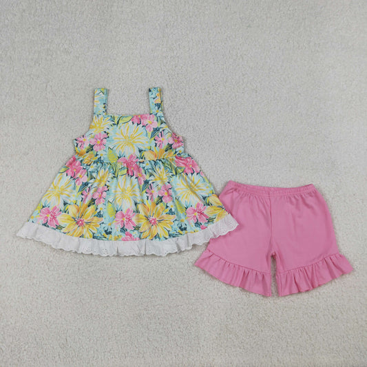 4.3 GSSO3034 Baby Girls Strap Colorful Flowers Tunic Ruffle Shorts Clothes Sets