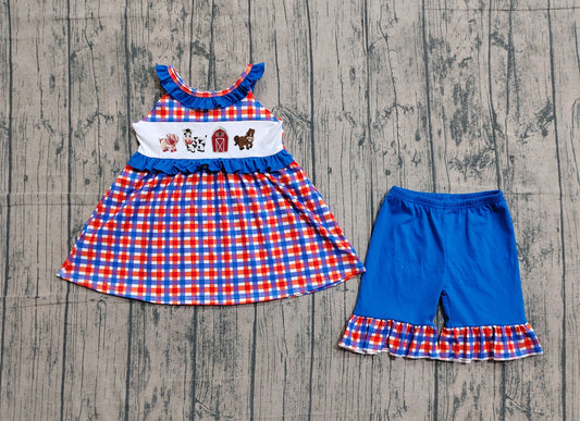 GSSO3056Embroidery Farm Baby Girls Checked Tunic Ruffle Shorts Clothes Sets Preorder